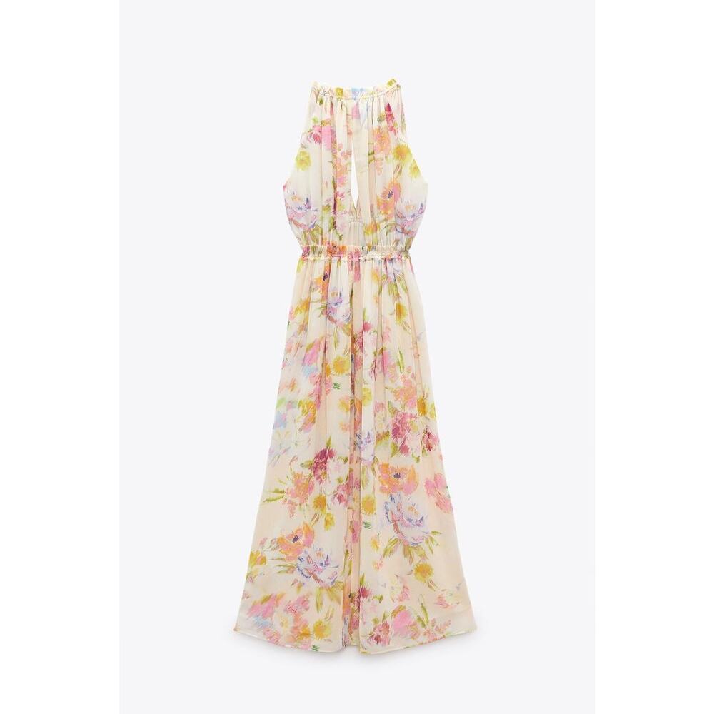Zara Multicolor Floral Chiffon Sleeveless Cami Camisole Maxi A-line Tank Dress L - Picture 8 of 10